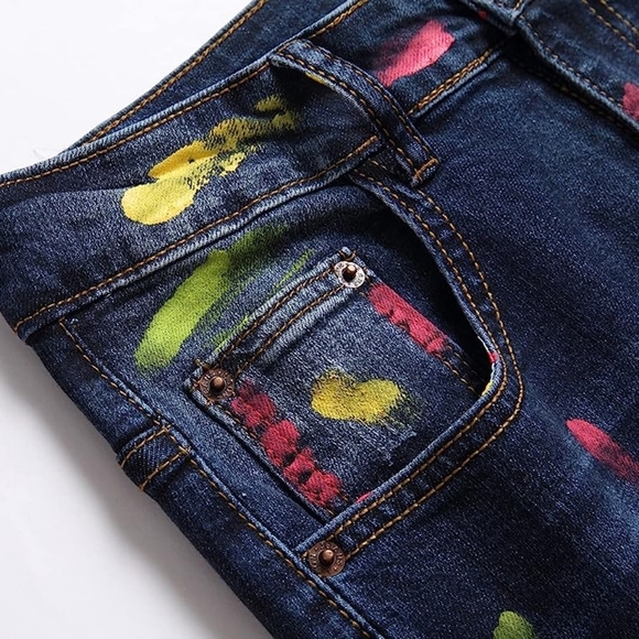 New Mens Painted Designer Slim Fit Jeans Multiple Sizes - Picture 4 of 4